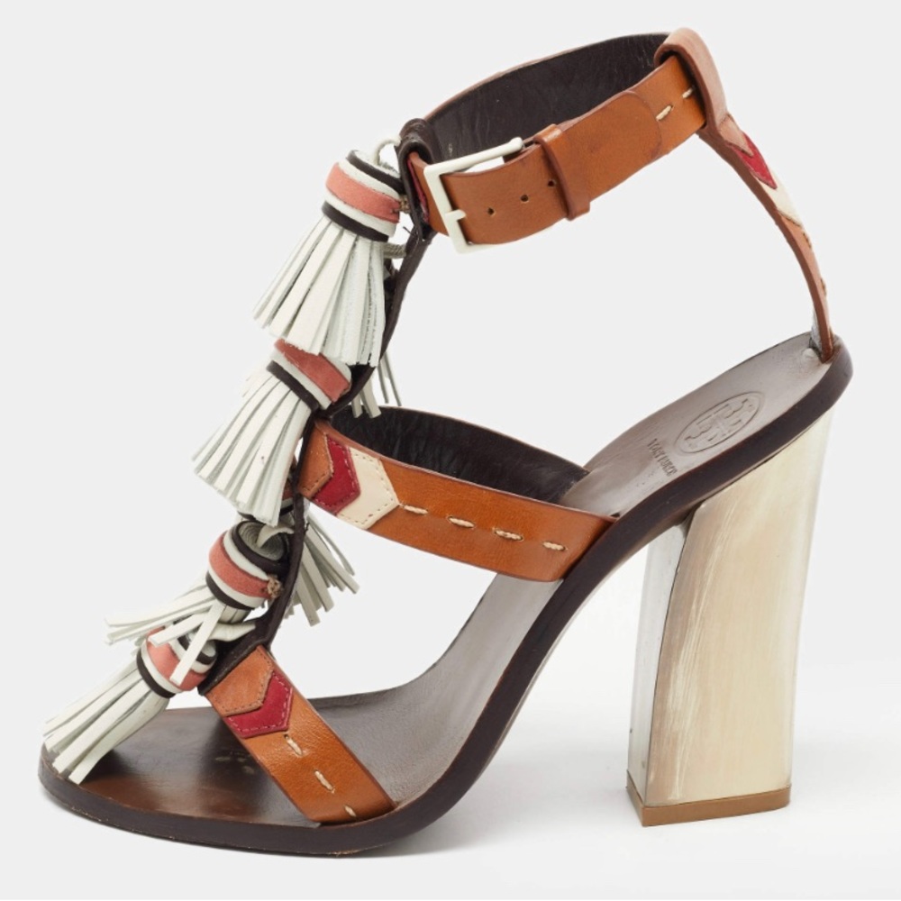 Tory Burch Multicolor Leather Tassels Block Heel Sandals